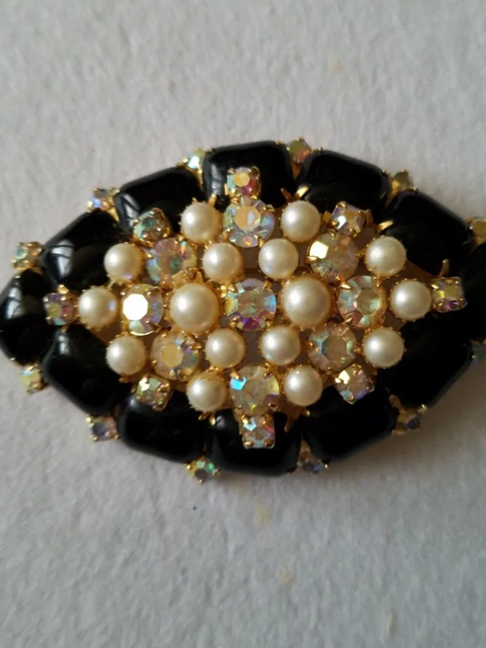Vintage Black Glass with Faux Pearls and Rhinestone Domed Brooch